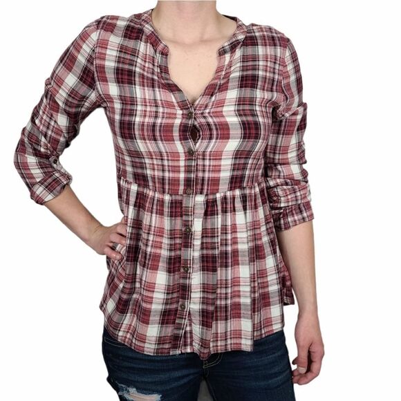 Maurices Red and White Plaid Button Down Bl - Picture 1 of 6